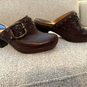 Frye Dark Brown Leather Mules with Buckle Detail